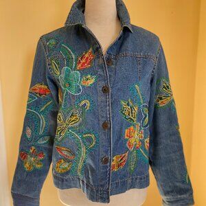 COLDWATER CREEK floral embroidered denim jacket, sz PS